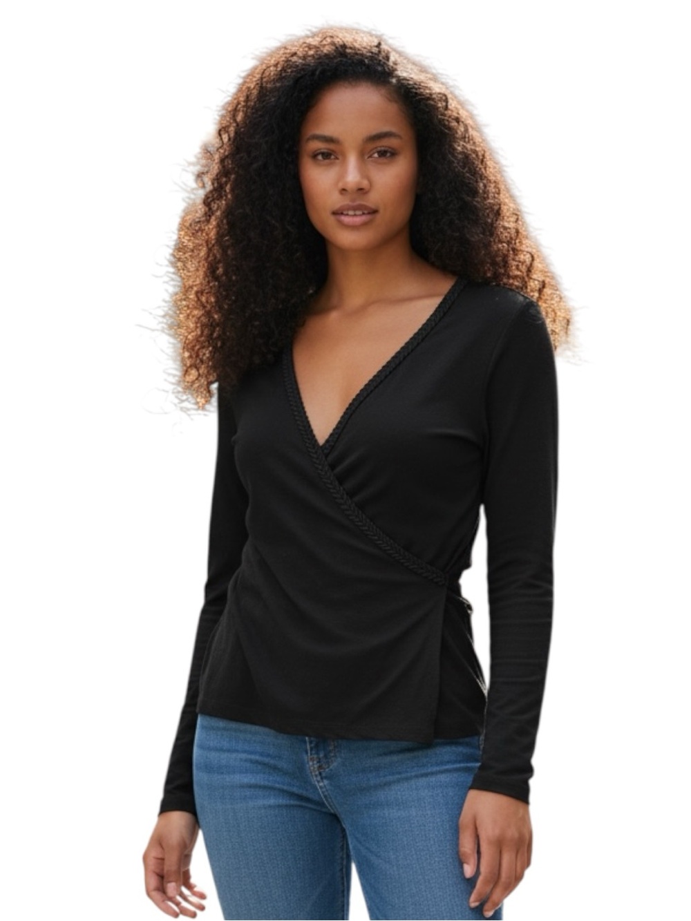 For Love & Lemons Black Wrap Long-Sleeve Top Size L
